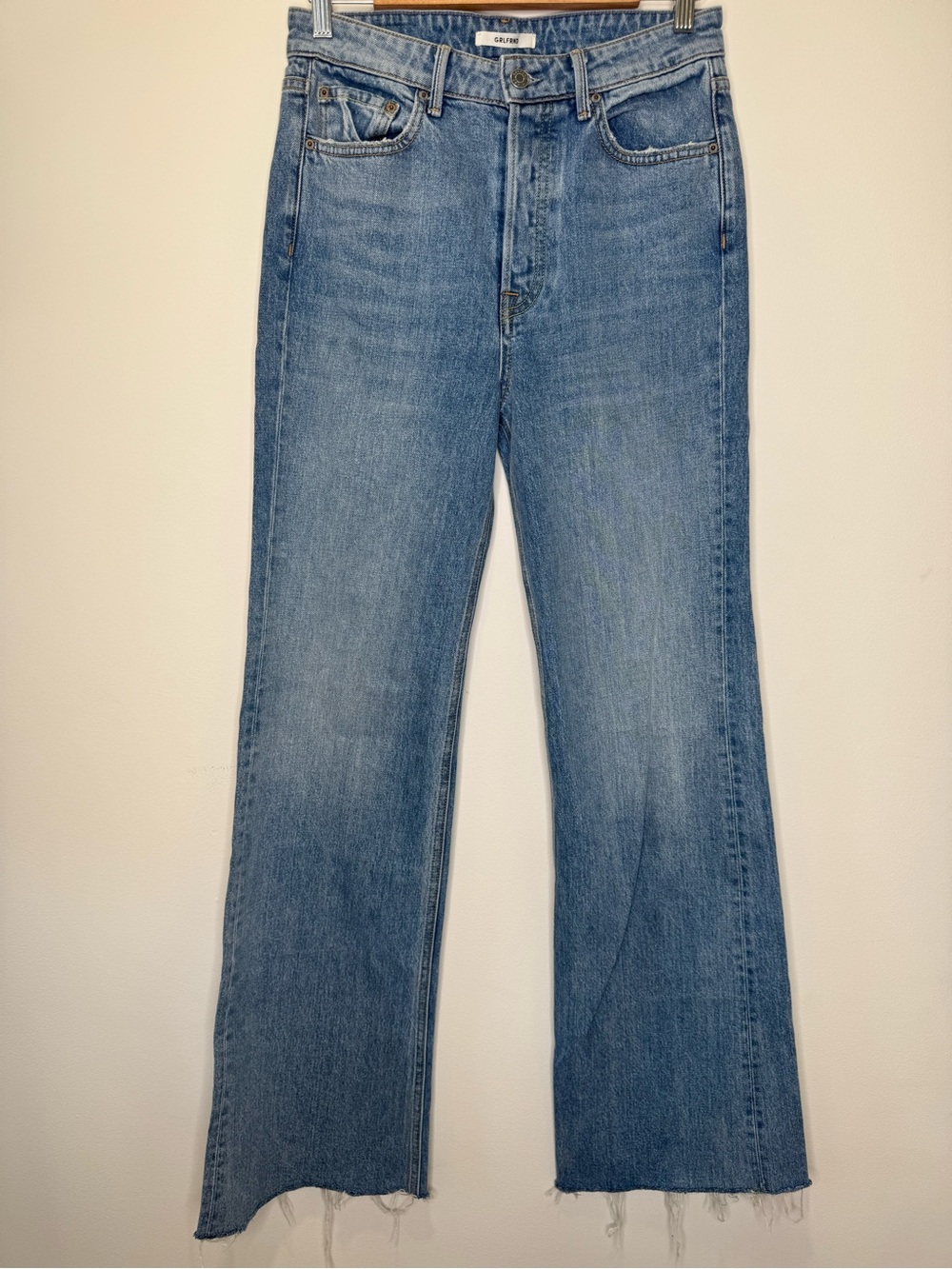 NWOT GRLFRND Clara High-Rise Straight Leg Jeans in Light Blue Raw Hem Sz 28